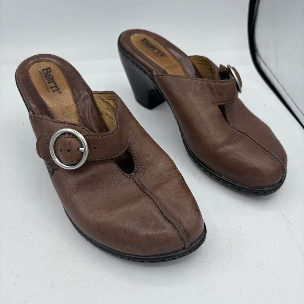 Born Concepts Mule Clogs Womens Size 8 Brown Leather Buckle Strap Block Heel